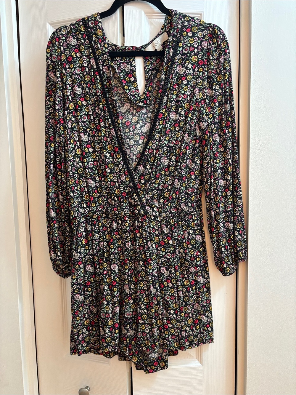 Floral Long-Sleeve Wrap Romper - Black Multi